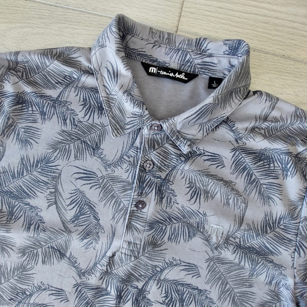 Travis Mathew Polo Shirt Mens Large Grey Palm Leaf Tropical Golf Preppy Active